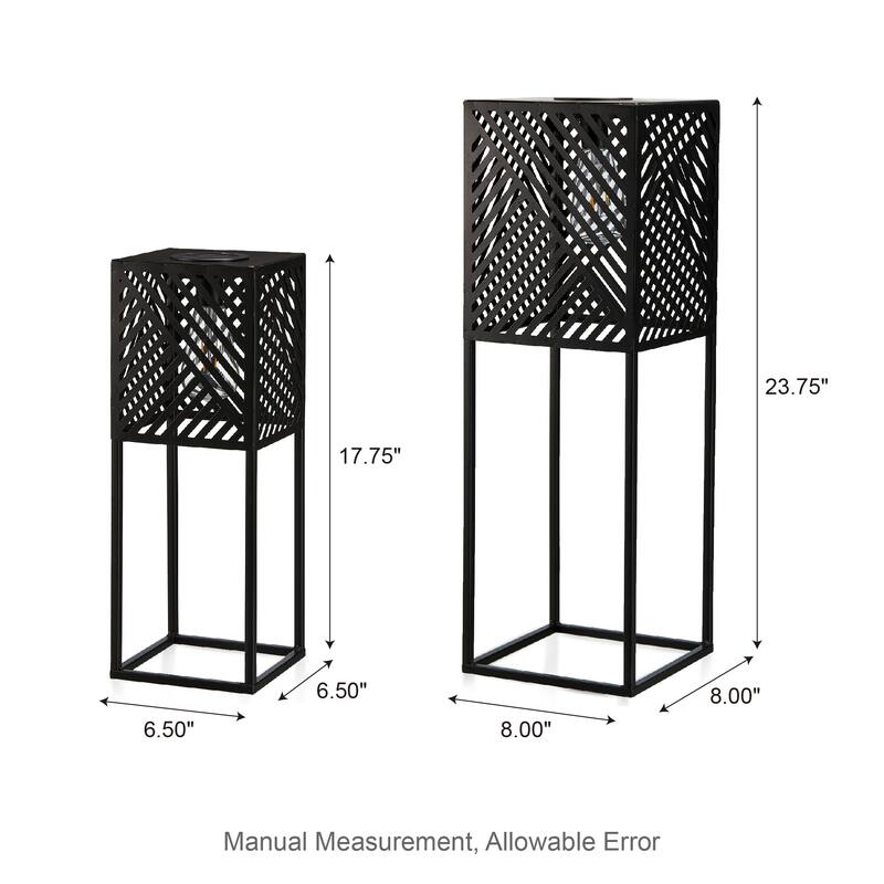 Glitzhome Set of 2 Black Metal Cutout Pattern Solar Powered Edison Bulb Outdoor Floor Lantern or Planter Stands