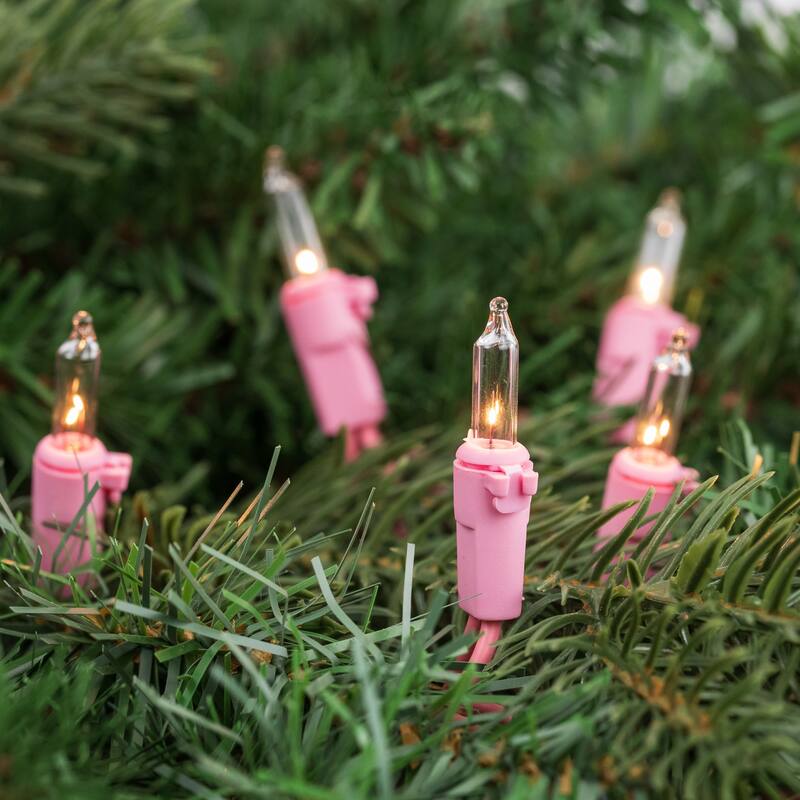 50-Count Clear Mini Christmas Light Set 10ft Pink Wire - 10'
