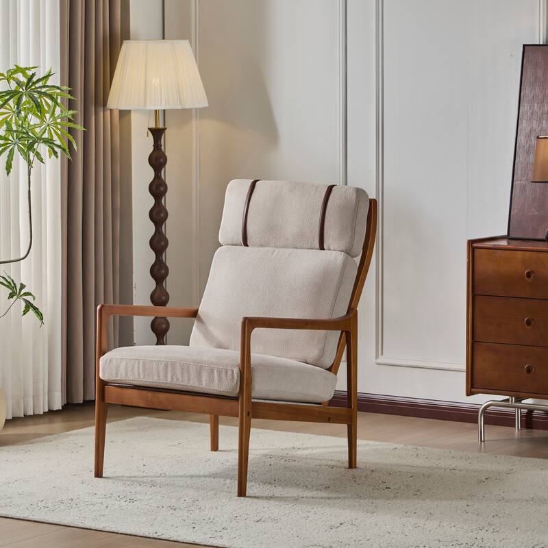 Mid Century Modern Accent Armchair, Solid Wood Frame with High Back, Beige Upholstered Cushions, Ergonomic Lounge Chair