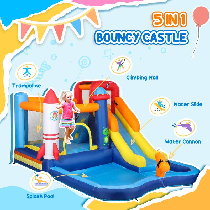 5-in-1 Inflatable Water Play Center with Slide, Splash Pool, Climbing Wall, Trampoline & Water Cannon