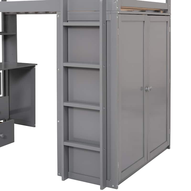 Twin size Loft Bed with Drawers,Desk,and Wardrobe