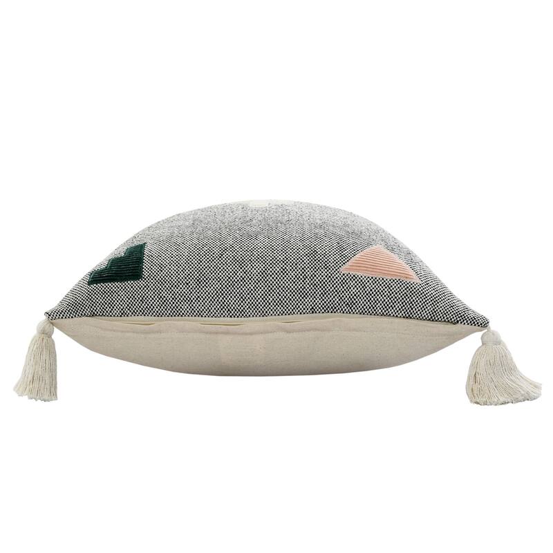 20" Gray and Black Geometric Patchwork Square Throw Pillow with Tassels