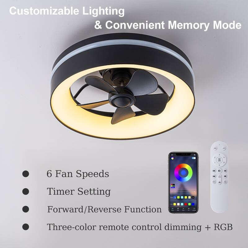 17.7" Modern Black LED Ceiling Fan with Light and Remote, Dimmable & Color Changing, 6 Speeds, Timer, Reversible Motor