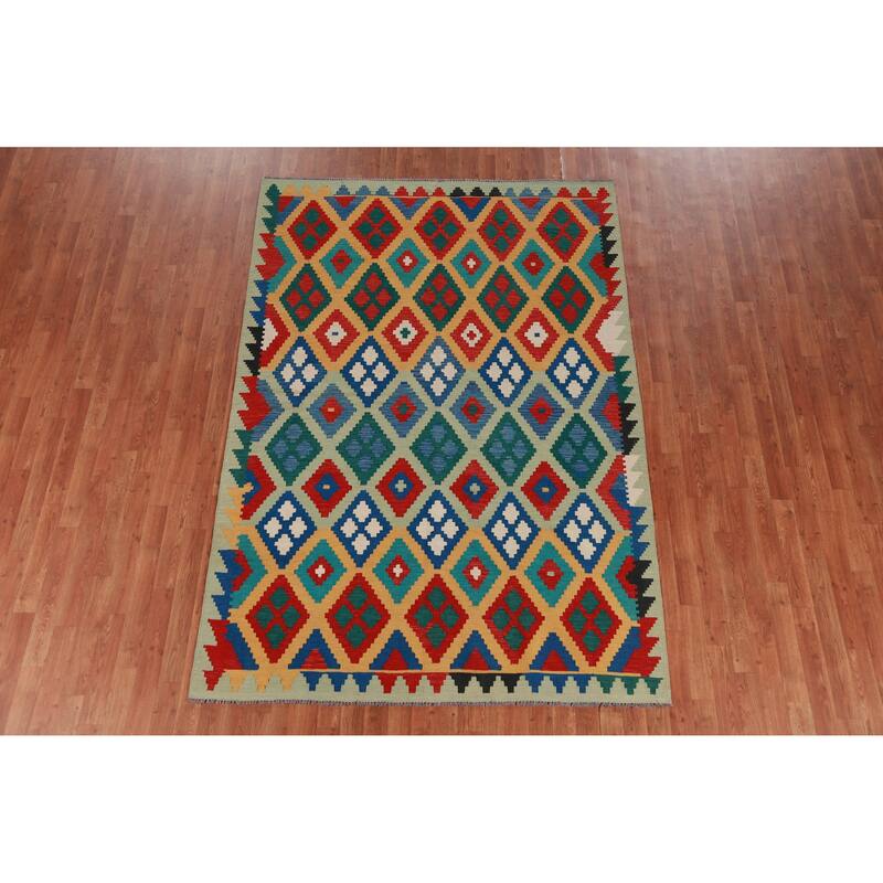 Hand Woven Oriental 100% Wool Carpet Southwestern Geometric Multi-Colored Kilim Area Rug - 8' 4'' X 5' 8''