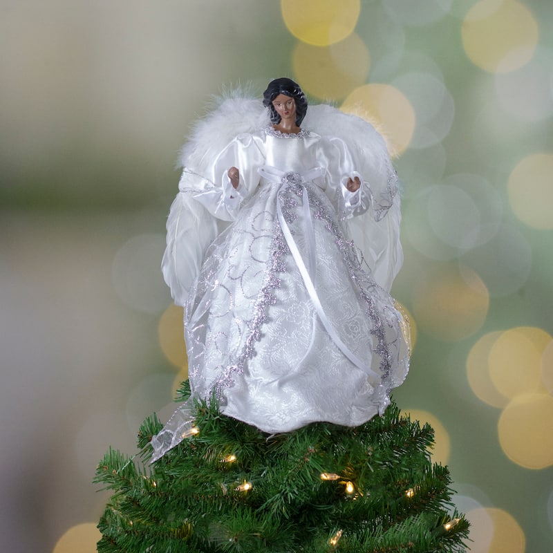 14" African American Silver White Angel Christmas Tree Topper, Unlit