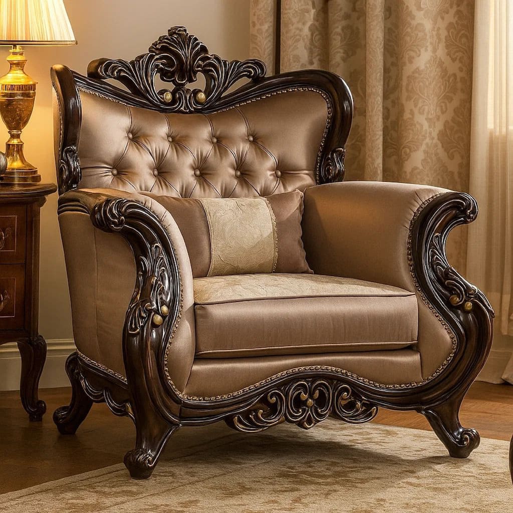 Aboi Armchair w Pillow, Brown Velvet, Ornate Carved Dark Cherry Wood