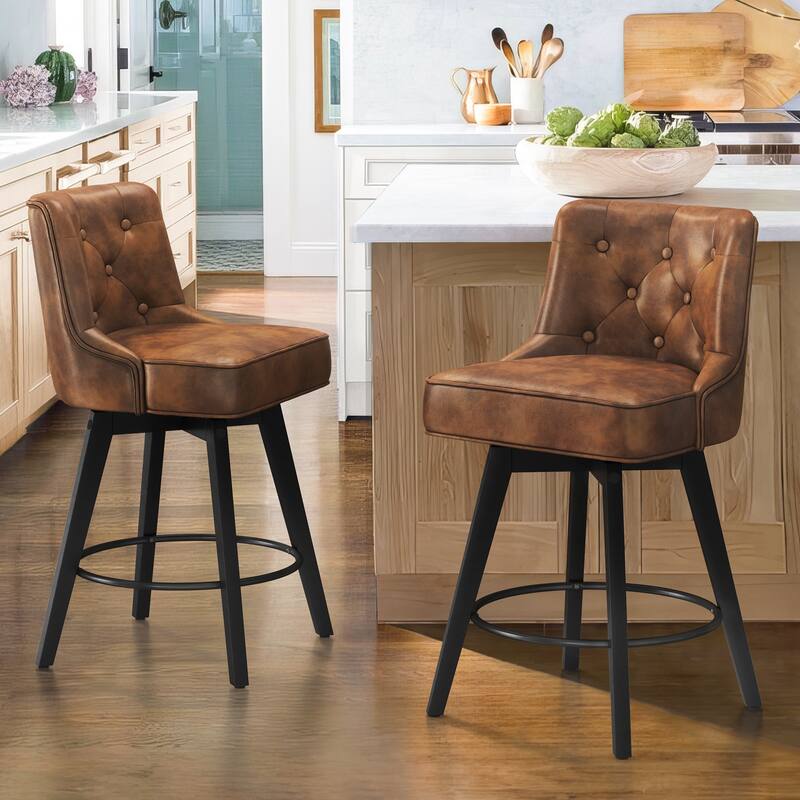 26 in. Counter Height Stool Modern Upholstered Swivel Set of 2 Bar Stools with Back - Brown/Faux Leather - Counter Height
