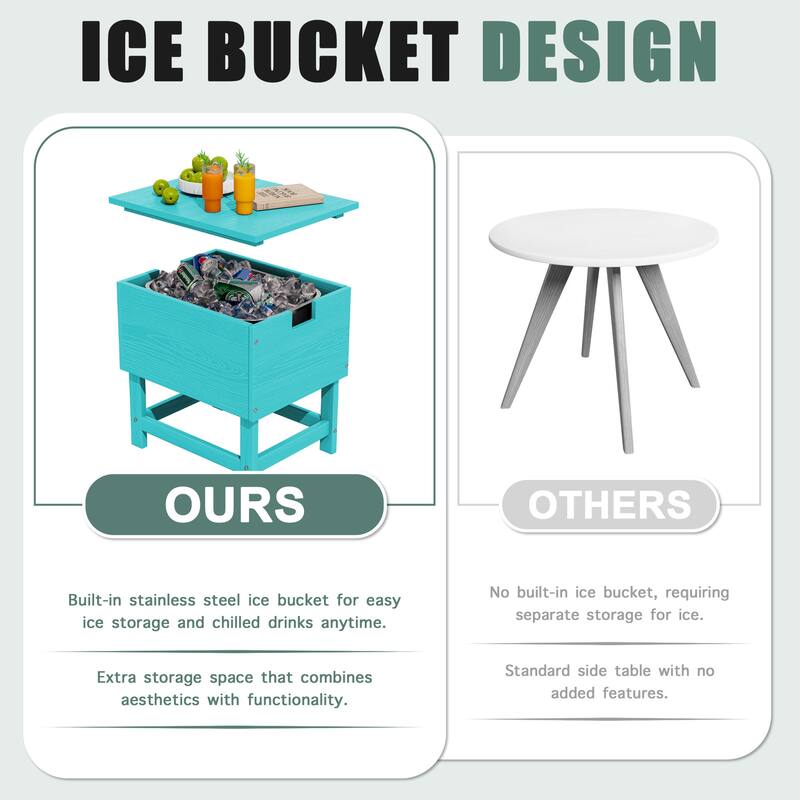 Outdoor Patio Weather Resistant HDPE Coffee & Side Table, Build-in Stainless Steel Cooler Bucket