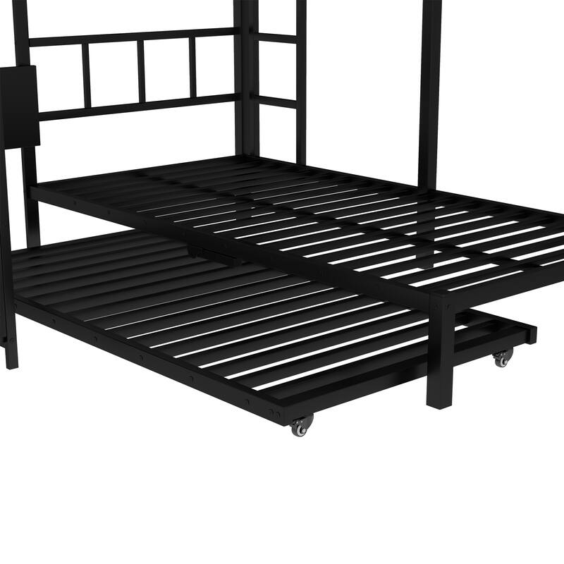 Twin-over-Twin Metal Bunk Bed with Built-in Wardrobe, Trundle and Foldable Desk