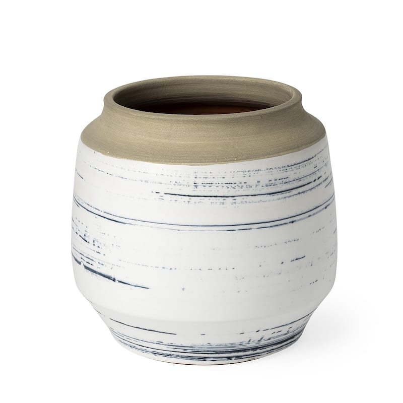 Blue Sand And White Abstract Cylinder Ceramic Table Vase - 9"