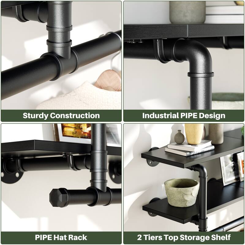 Floating Pipe Heavy-Duty Garment Rack, Wall-Mounted Closet Organizer with Storage Shelves