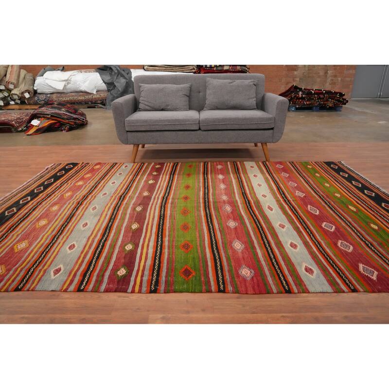 Hand Woven Oriental 100% Wool Carpet Southwestern Tribal Oranges & Rust Kilim Area Rug - 9' 2'' X 6' 1''