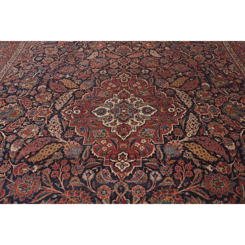 Hand Knotted Oriental 100% Wool Carpet Traditional Floral Navy Blue & Blues Kashan Area Rug - 14' 2'' X 10' 0''