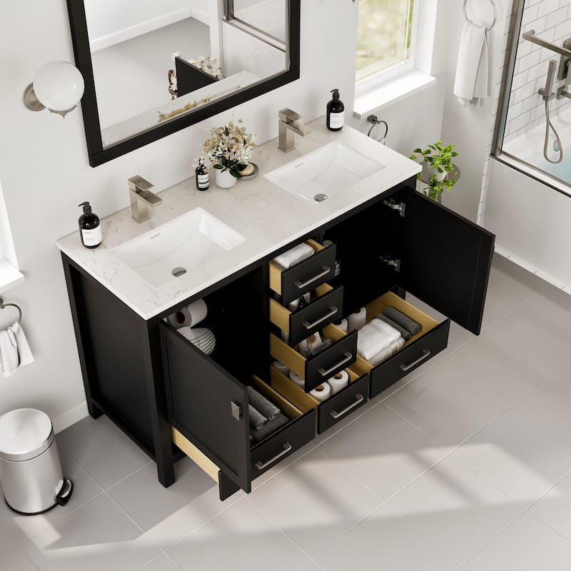 Eviva London 48"W x 18"D Espresso Double Sink Bathroom Vanity with White Carrara Quartz Vanity Top - 48"
