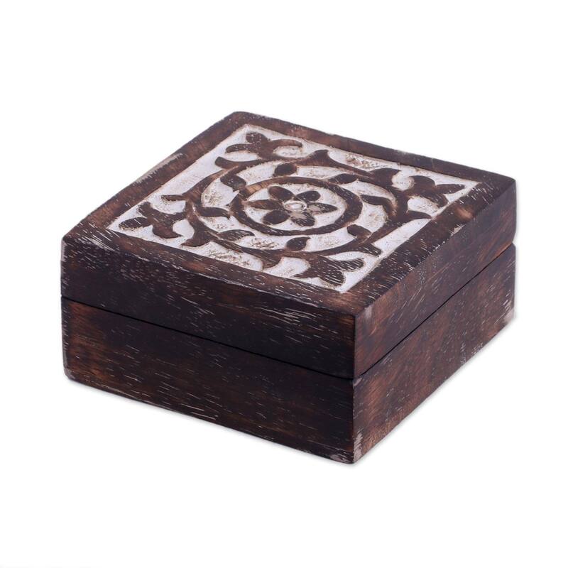 Novica Handmade Floral Circle Wood Decorative Box - 1.5" H x 3.1" W x 3.1" D