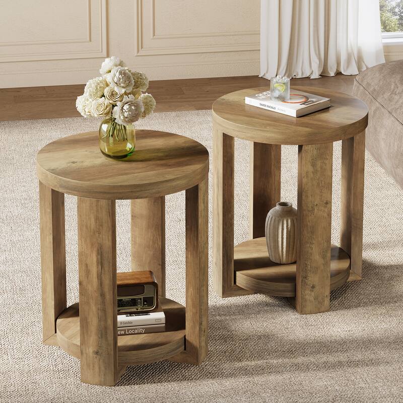 2-Tier Round End Table, Side Accent Snack Table, Living Room Bedroom Bedside Nightstand Furniture