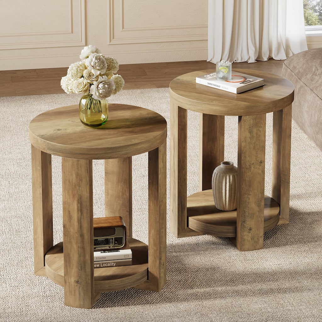 2-Tier Round End Table, Side Table, Small Bedside Accent Table for Living Room, Bedroom (Set of 2)
