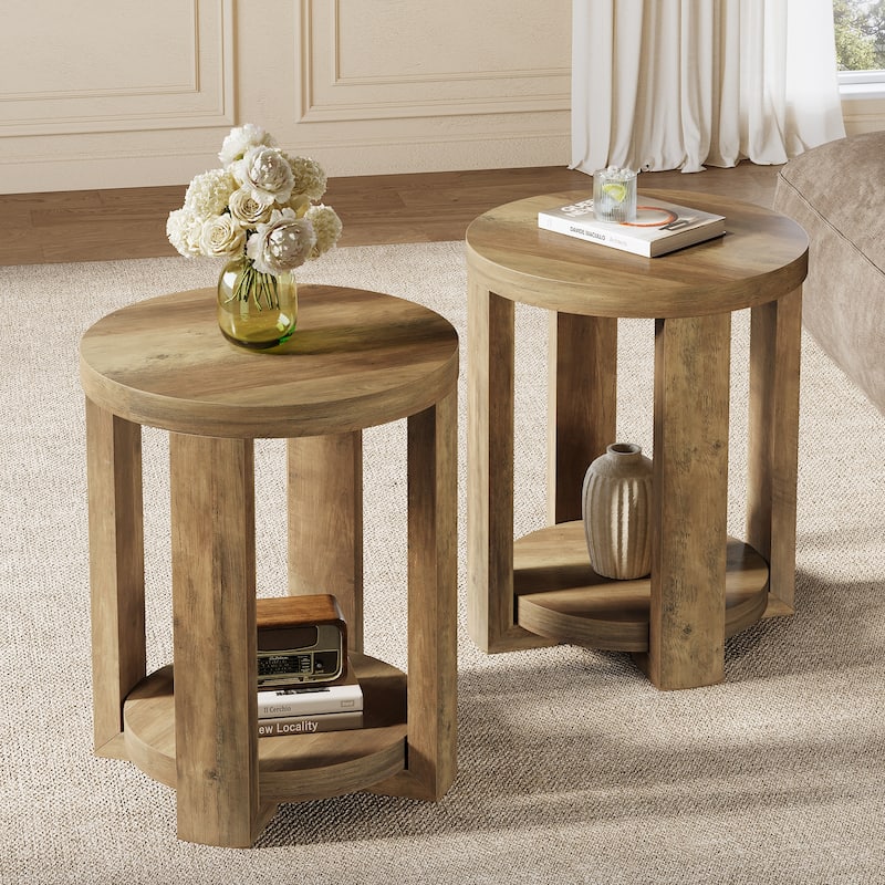 Side Table, 2-Tier Round End Table, Small Bedside Accent Furniture for Living Room, Bedroom