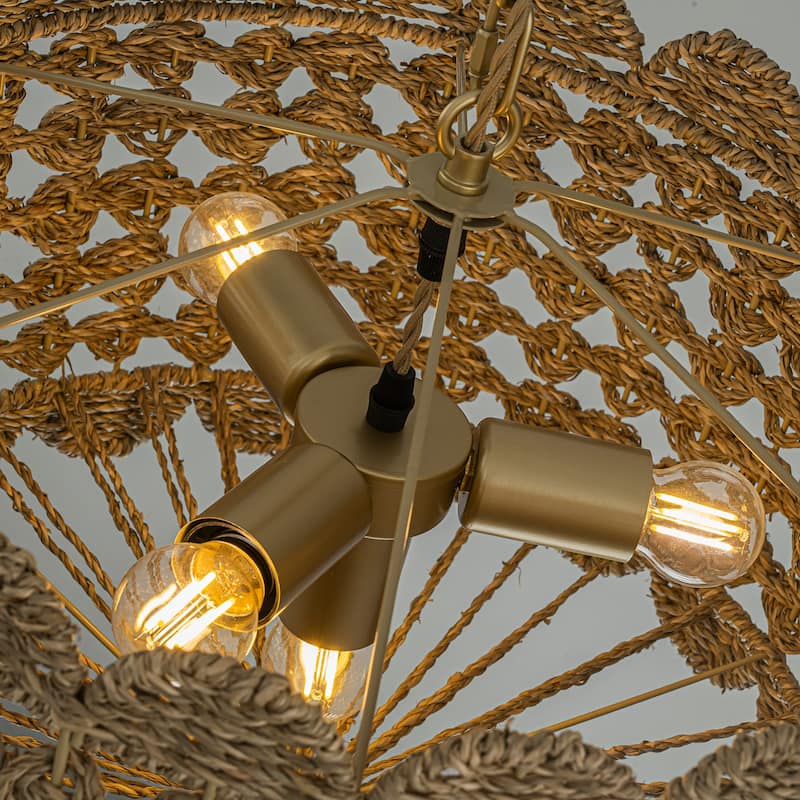 Riva Natural 4-Light Seagrass Scalloped Pendant, Coastal Boho - Handwoven - 18" Wide