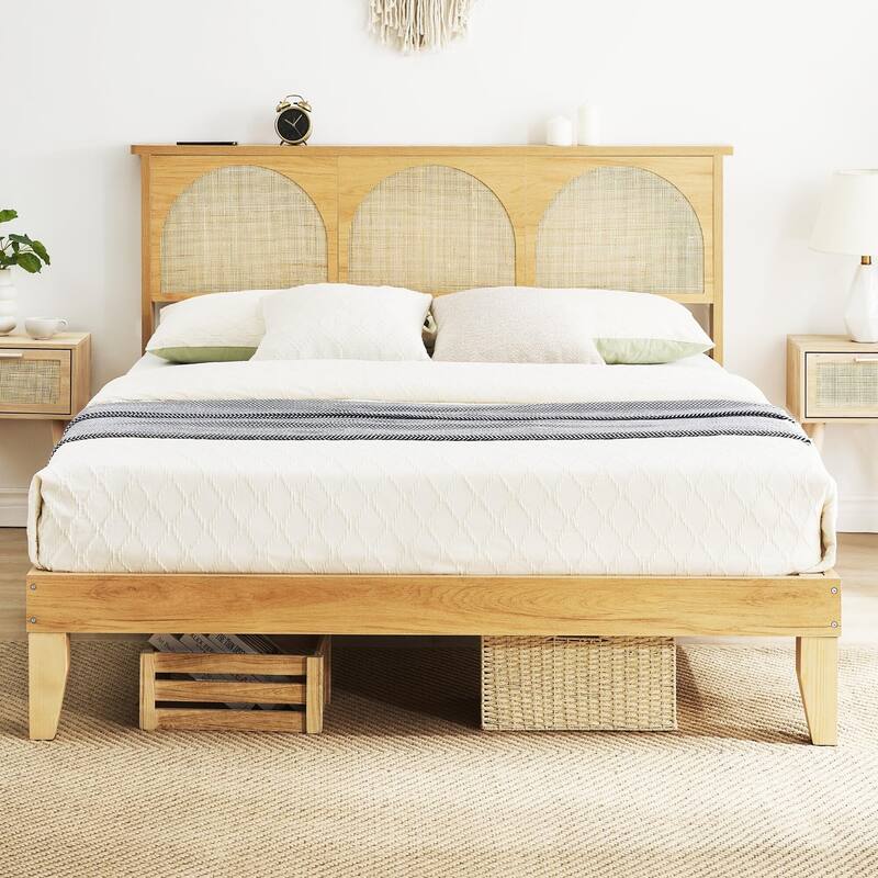 Bed Frame with LED Light and Rattan Headboard