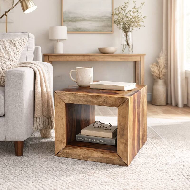 Cube Shape Rosewood Side Table With Cutout Bottom, Brown - 8' x 10'