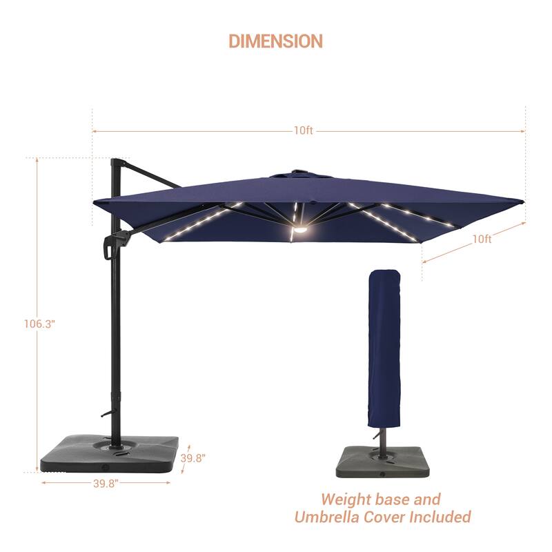 LIVOOSUN Patio10x10FT LED Aluminum Cantilever Umbrella Solution-Dyed Fabric w/Base