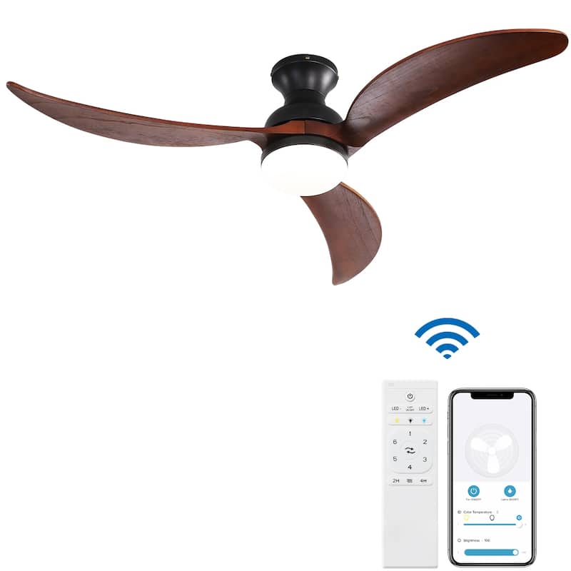 52" Low Profile Smart Ceiling Fan with LED Light, Remote or Phone APP Control,Black with Walnut Blades - Brown
