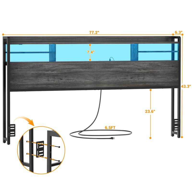 Storage Headboard with USB Port and Power Outlet, Head Board with LED Light for Bed Frame