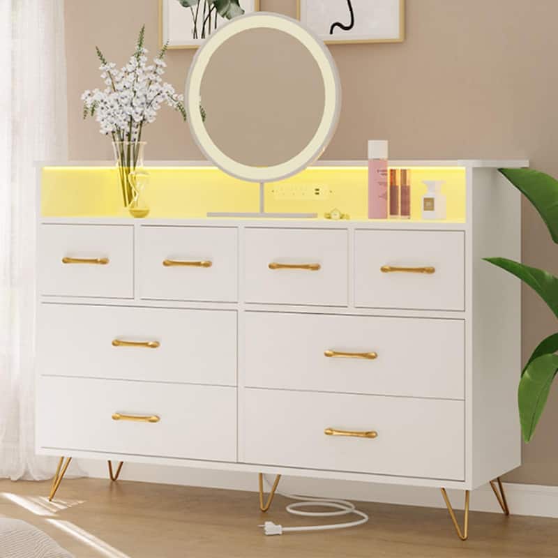 8 Drawer Dresser for Bedroom with LED Light, Charging Station & Open Shelf - White