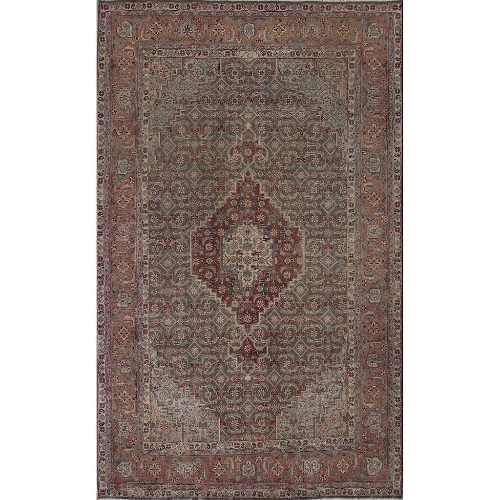 Grey Distressed Tabriz Persian Vintage Area Rug Handmade Wool Carpet - 6'6" x 9'7"