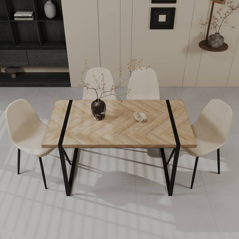 5-Piece Modern Dining Table Set, 59 Inch Light Wood MDF Table & 4 Suede Chairs, Medieval Style Design - Beige+Brown