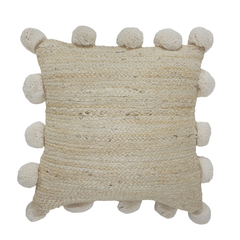 Handwoven Solid Square Throw Pillow Cover with Pom Poms - 20" - Cream