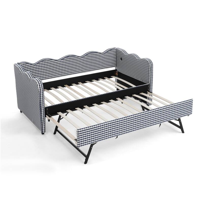 Roomfitters Gingham Daybed with Trundle, Twin Upholstered Sofa Bed with USB Port and Wave Edge Design