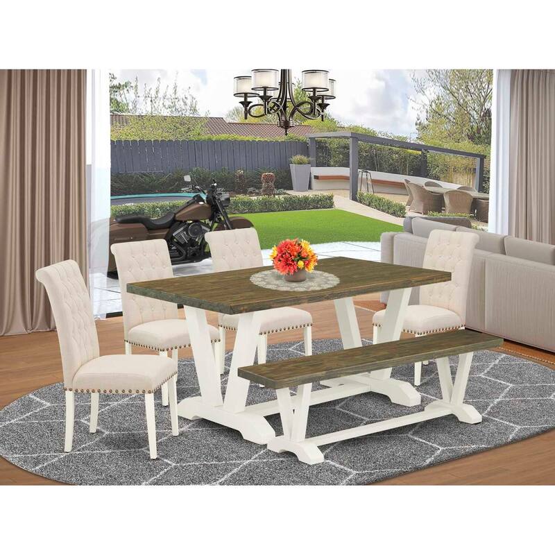 HomeStock 6-Piece Natural Oak Finish Solid Wood Top dining Table with 1-Bench and 4-Chairs
