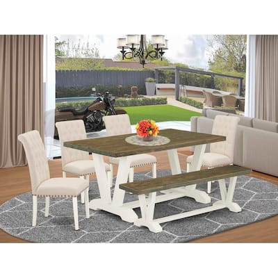 HomeStock 6-Piece Natural Oak Finish Solid Wood Top dining Table with 1-Bench and 4-Chairs