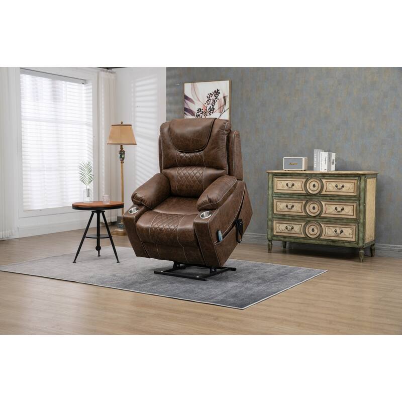 Oversized PU Leather Power Lift Recliner with Massage, Lumbar Heating, Cup Holder, 180° Flat Lay - Brown