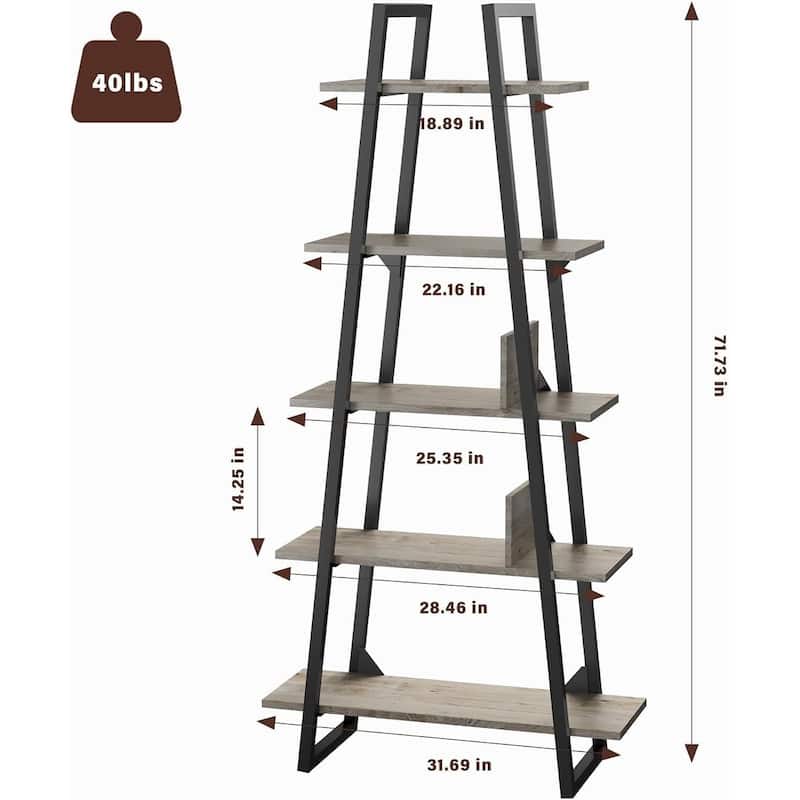 5-Tier Metal Ladder Bookshelf, Rustic Bookcase with Open Display Shelves
