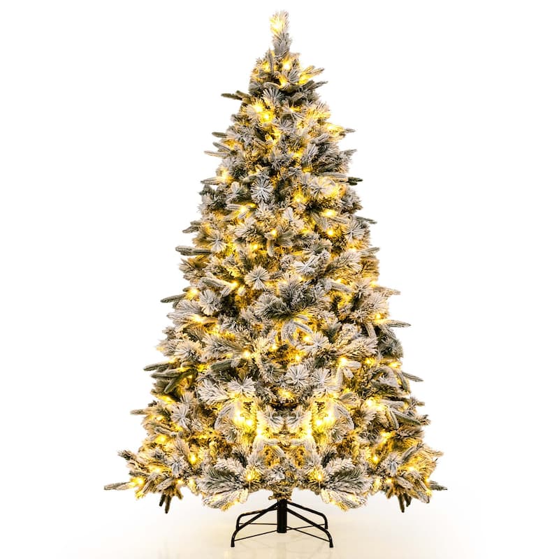 Costway 6/7 FT Pre-Lit Flocked Christmas Tree Hinged Xmas Decoration - 6 Foot