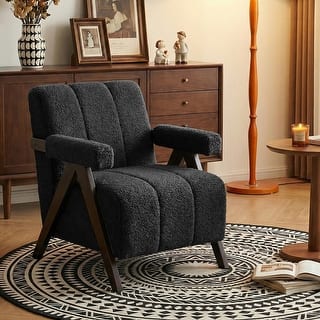 Mid Century Modern Accent Chair, Solid Wood Upholstered Armchair with Wide Backrest and Thick Cushion