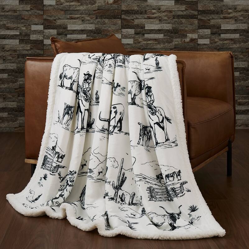 Indigo Hill by HiEnd Accents Campfire Sherpa Fleece Throw, 1PC or 3PC - 1-Piece - Ranch Life - Black