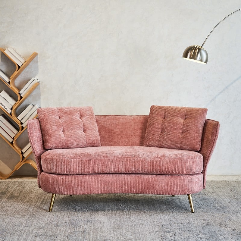 Contemporary Velvet Upholstered Tufted Loveseat Sofa,Living Room Couch with Golden Metal Legs - Pink