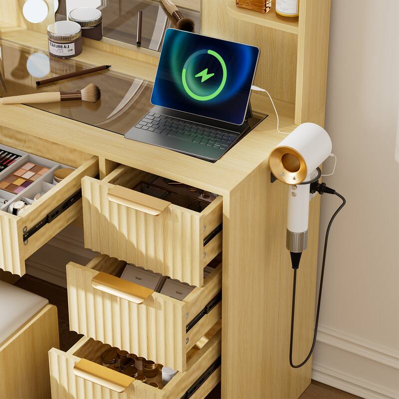 Transparent Tabletop Makeup Vanity Table / 2-Piece Vanity Desk and Stool Set with Charging Station