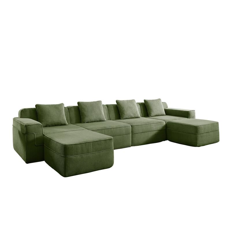 GDFStudio - Corduroy Modular 4-Seater 153.5" U-Shaped Boneless Cloud Sofa with 2 Ottomans