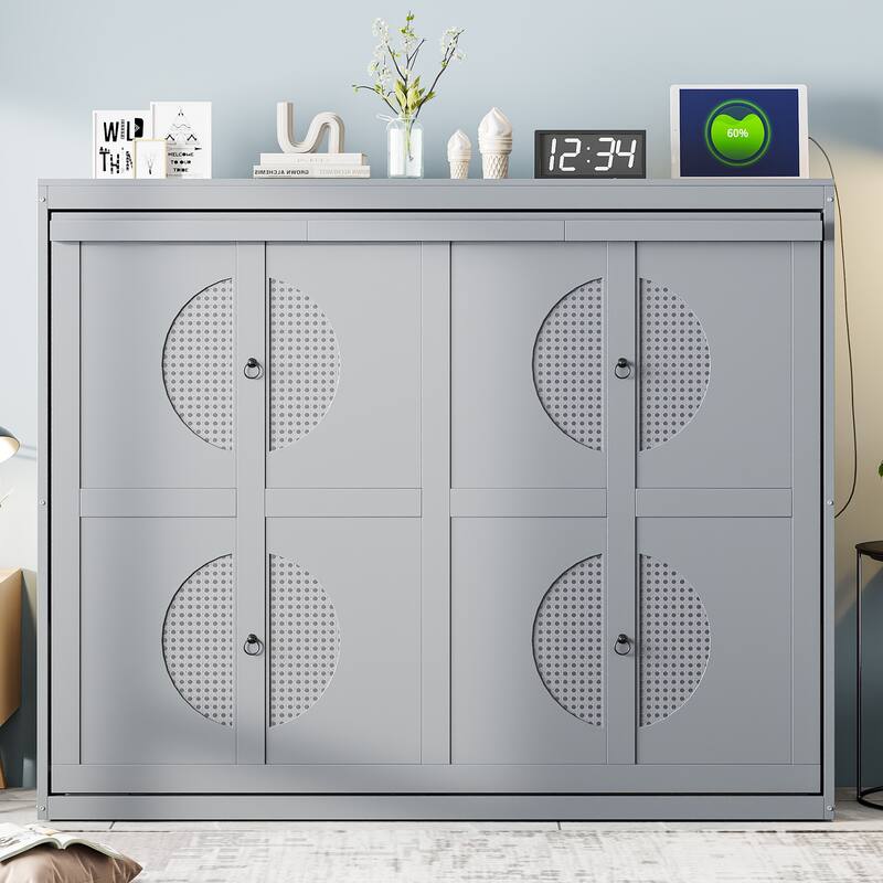Full/Queen Size Murphy Bed with Rattan Doors and Charging Station, Hideaway Wood Wall Chest Bed Frame, No Box Spring Needed