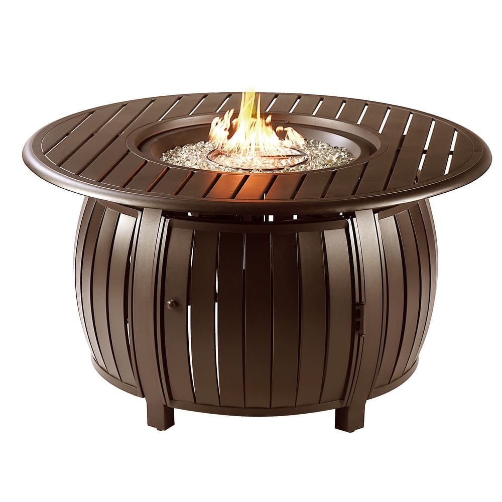 Aluminum Outdoor 44 in. Round Propane Fire Table, with Fire Beads, Lid and Fabric Cover, 57,000 BTUs in Antique Copper Finish