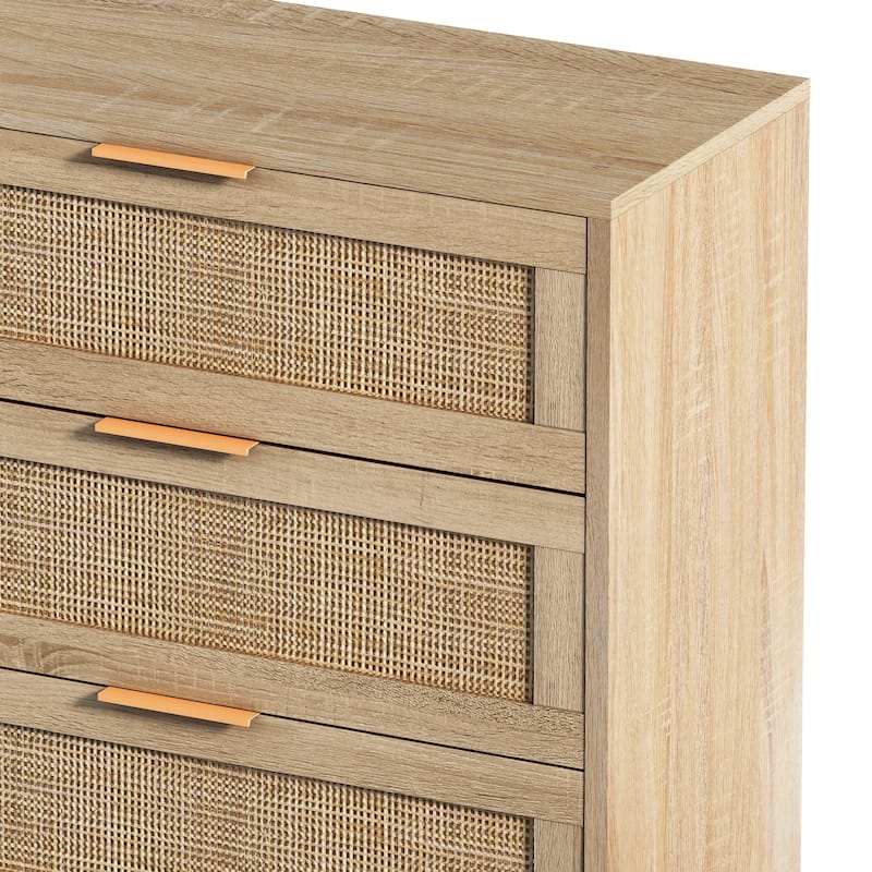 Wood Rattan Dresser with 6 Drawers, Modern Large Storage Cabinet