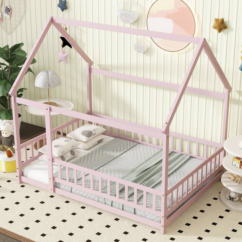 Full Size House Floor Wooden Bed with Roof Frame - Pink