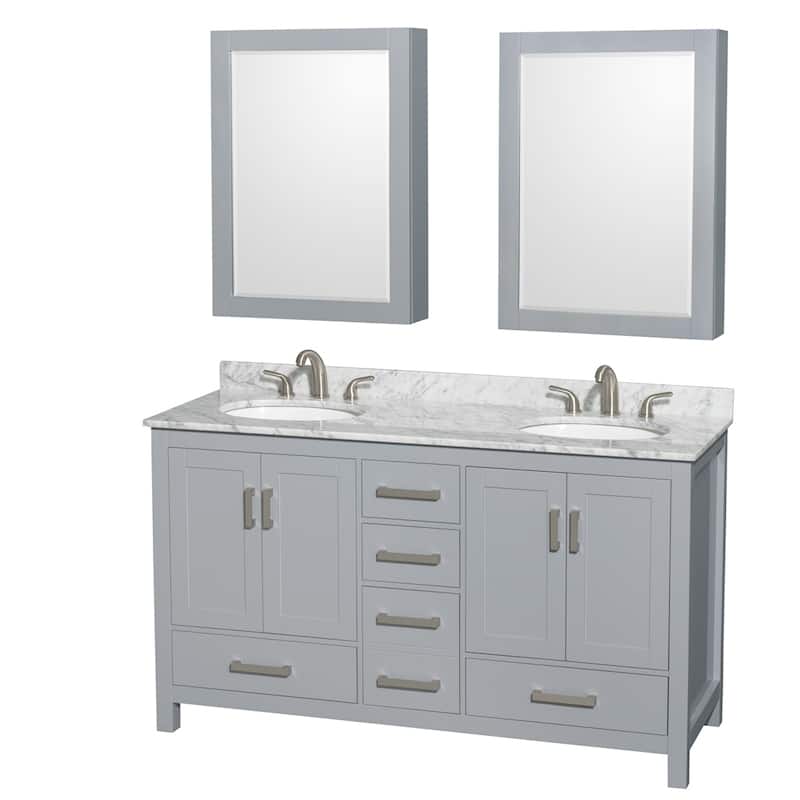 Wyndham Collection Sheffield Double Vanity Set, Medicine Cabinets - 60-Inch Double - Gray, White Carrara Marble Top, Chrome Trim