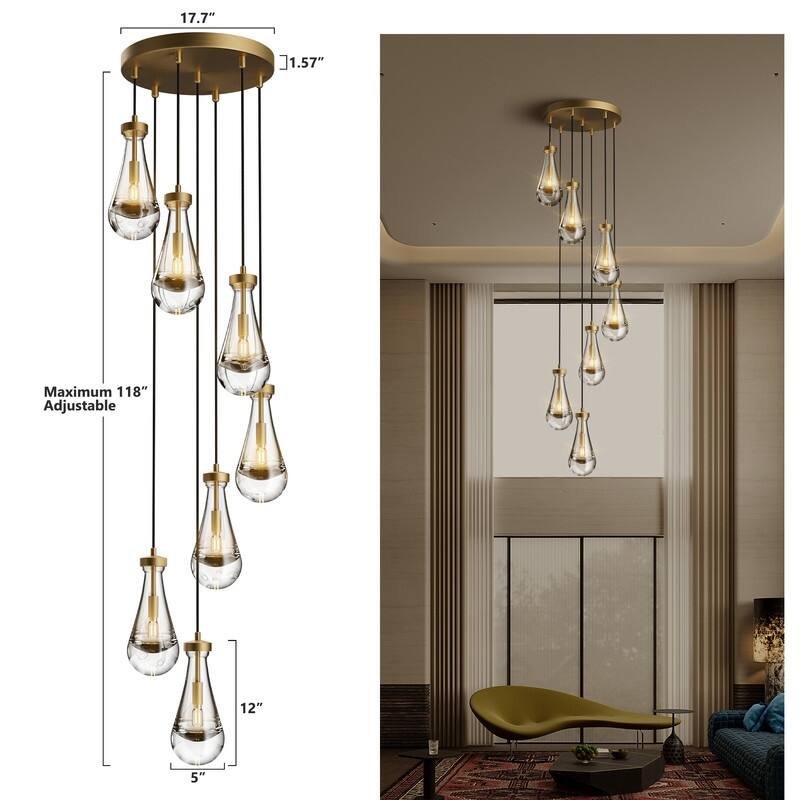 KAYLA Farmhouse Chandelier for Staircase, Foyer, Glass Pendant Light Fixture for Kitchen Island (Bulb Included)