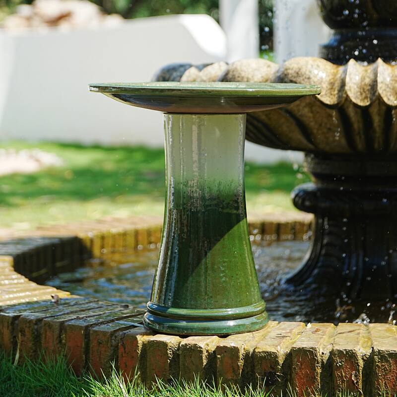 17"Ceramic Bird Bath for Outside, Elegant Tall Outdoor Bird Bath, Lightweight Pedestal Glazed Birdbaths with Swirl Pattern